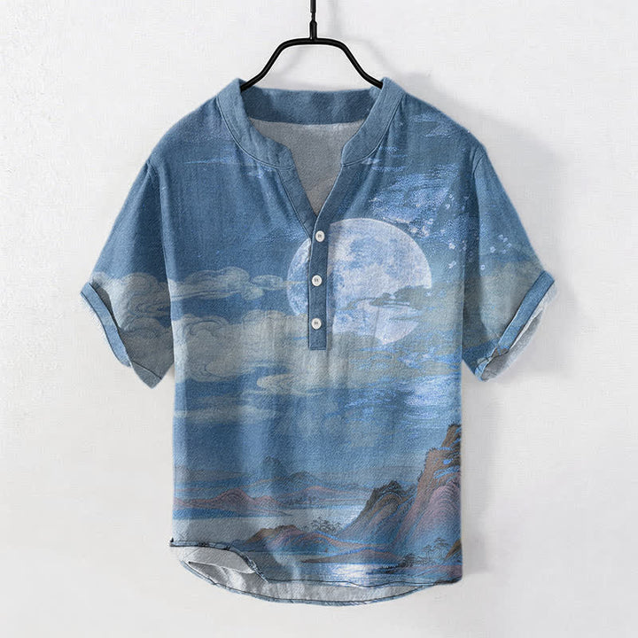 Buddha Stones Chemise à manches courtes pour homme en coton, motif lune, nuage et montagne, demi-boutonnée - SteelBlue - US/UK/AU50，EU60 (5XL) - image 5