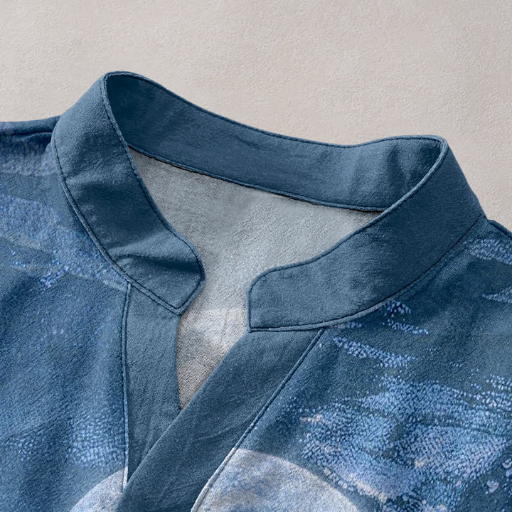 Buddha Stones Chemise à manches courtes pour homme en coton, motif lune, nuage et montagne, demi-boutonnée - image 7