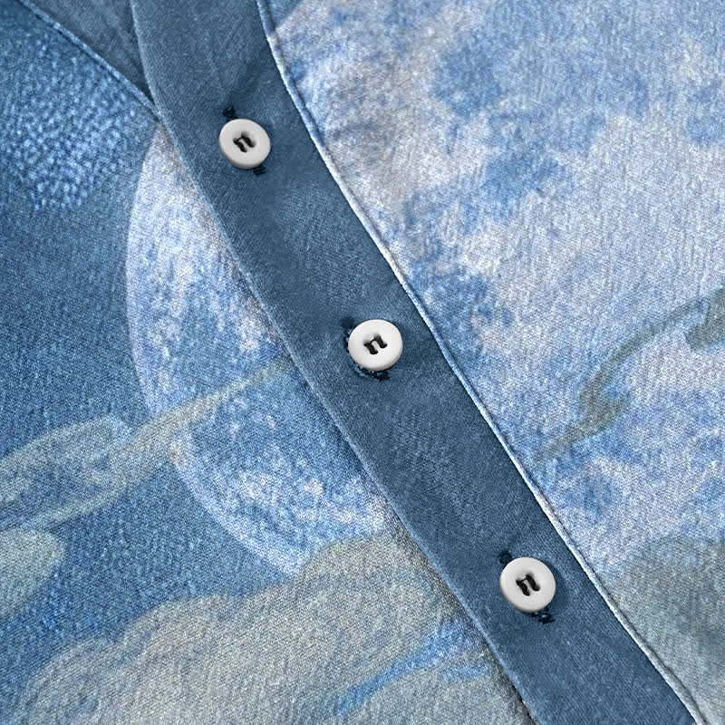 Buddha Stones Chemise à manches courtes pour homme en coton, motif lune, nuage et montagne, demi-boutonnée - image 8
