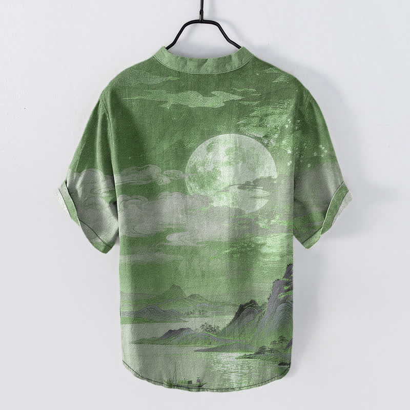 Buddha Stones Chemise à manches courtes pour homme en coton, motif lune, nuage et montagne, demi-boutonnée - image 11