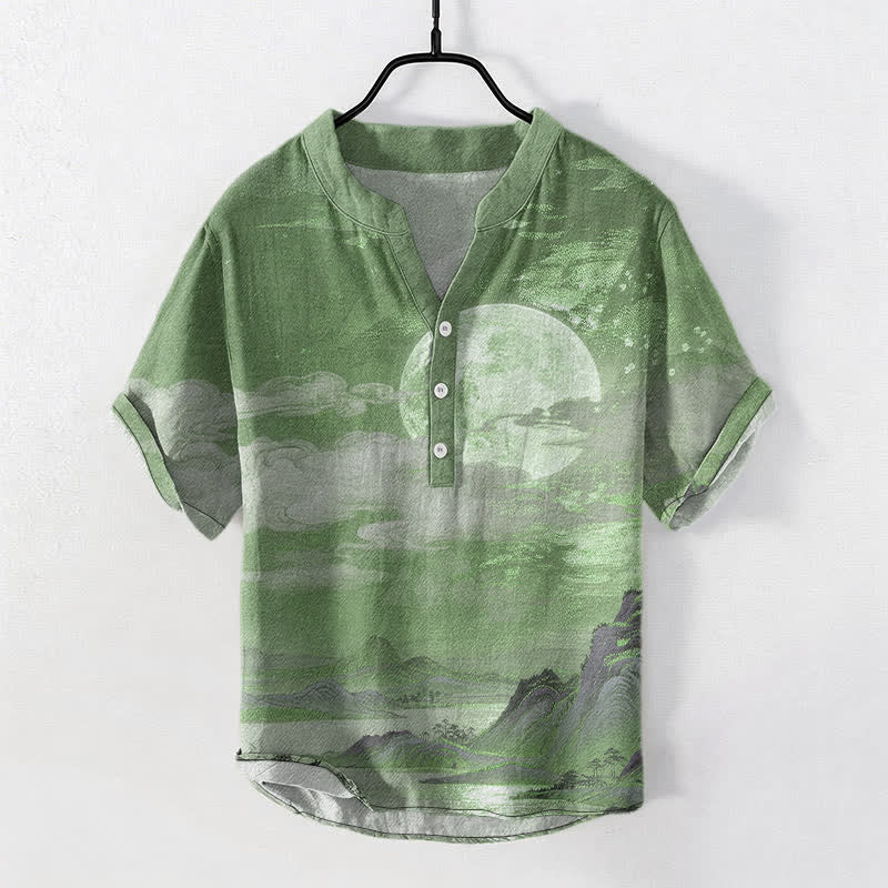 Buddha Stones Chemise à manches courtes pour homme en coton, motif lune, nuage et montagne, demi-boutonnée - Vert d'eau - US/UK/AU50，EU60 (5XL) - image 10