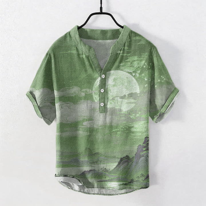 Buddha Stones Chemise à manches courtes pour homme en coton, motif lune, nuage et montagne, demi-boutonnée - Vert d'eau - US/UK/AU50，EU60 (5XL) - image 10