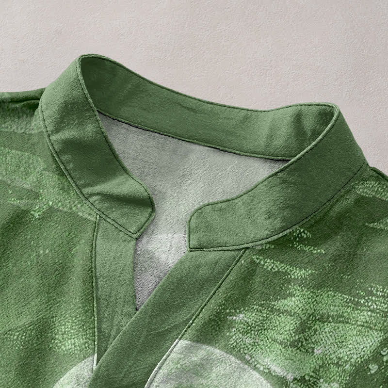 Buddha Stones Chemise à manches courtes pour homme en coton, motif lune, nuage et montagne, demi-boutonnée - image 12