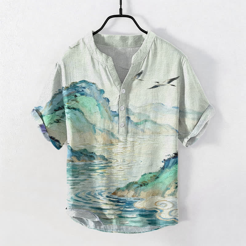 Buddha Stones Chemise à manches courtes et demi-boutonnée pour homme, en coton, à motif paysage côtier aquarelle - Crème à la menthe - US/UK/AU50，EU60 (5XL) - image 0
