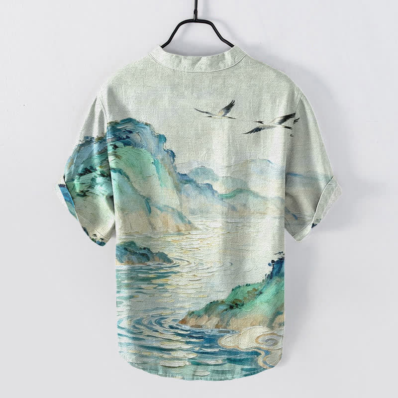 Buddha Stones Chemise à manches courtes et demi-boutonnée pour homme, en coton, à motif paysage côtier aquarelle - image 1