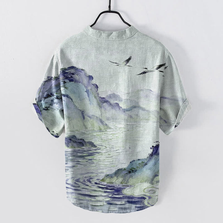 Buddha Stones Chemise à manches courtes et demi-boutonnée pour homme, en coton, à motif paysage côtier aquarelle - image 4