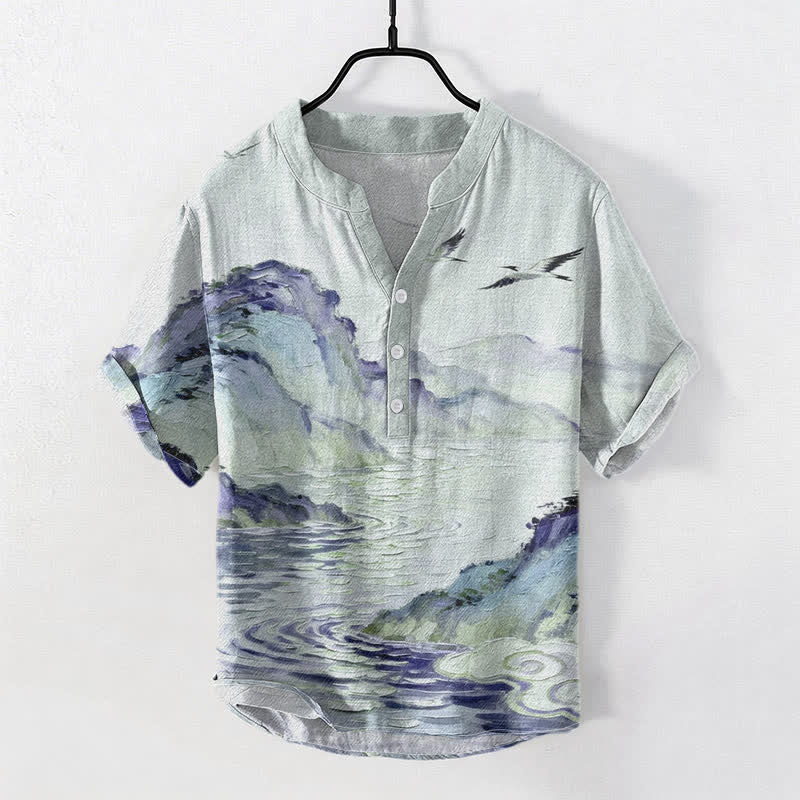 Buddha Stones Chemise à manches courtes et demi-boutonnée pour homme, en coton, à motif paysage côtier aquarelle - Melon miellat - US/UK/AU50，EU60 (5XL) - image 3