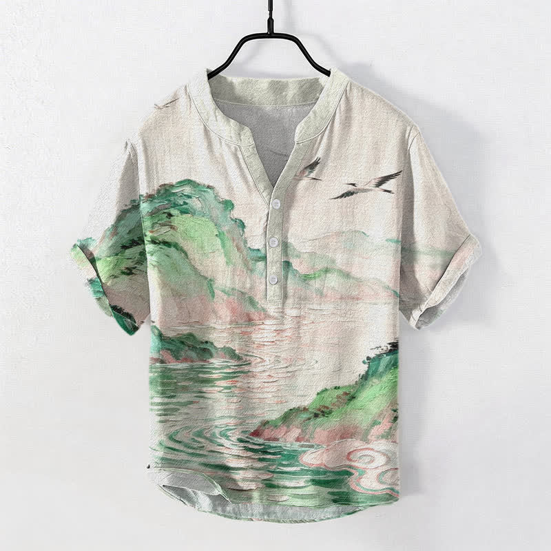 Buddha Stones Chemise à manches courtes et demi-boutonnée pour homme, en coton, à motif paysage côtier aquarelle - Lin - US/UK/AU50，EU60 (5XL) - image 6
