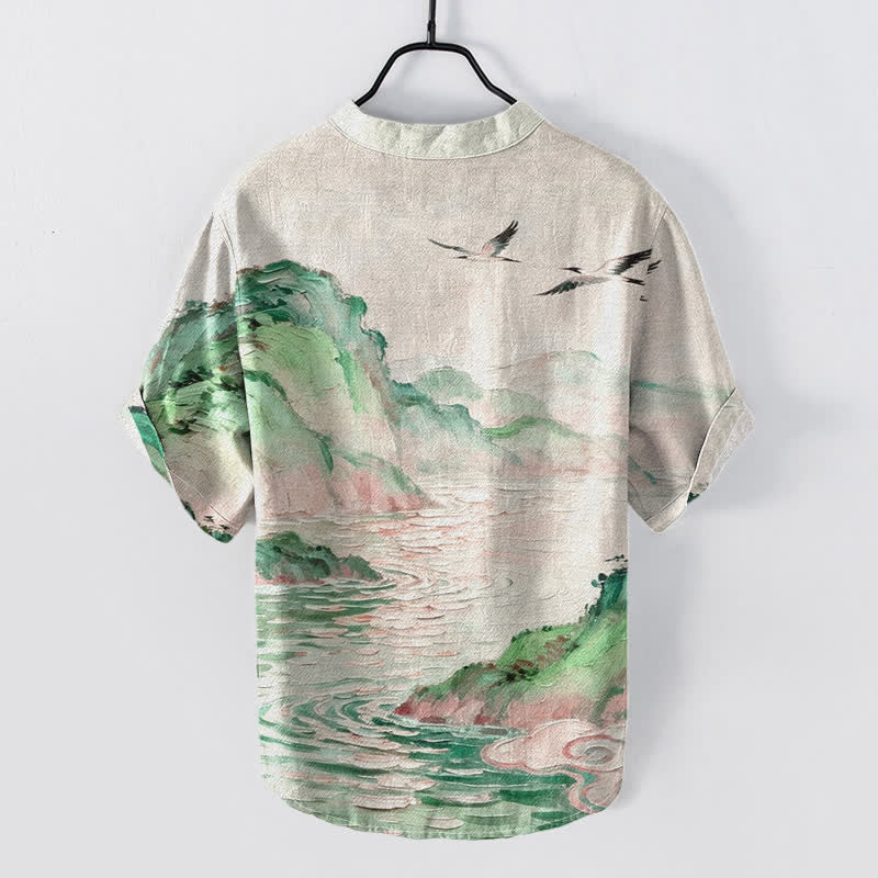 Buddha Stones Chemise à manches courtes et demi-boutonnée pour homme, en coton, à motif paysage côtier aquarelle - image 7