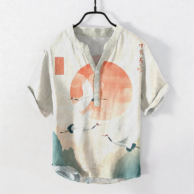 Buddha Stones Chemise homme à manches courtes et demi-boutonnée en coton rouge à motif de grue volante et de soleil - Lin - US/UK/AU50，EU60 (5XL) - image 0