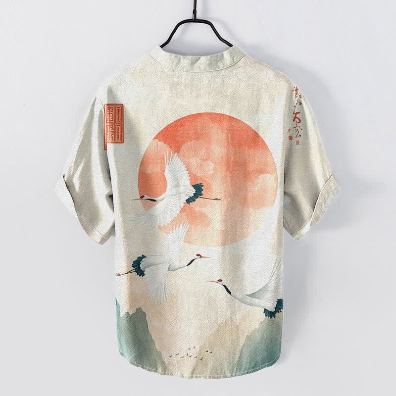 Buddha Stones Chemise homme à manches courtes et demi-boutonnée en coton rouge à motif de grue volante et de soleil - image 1