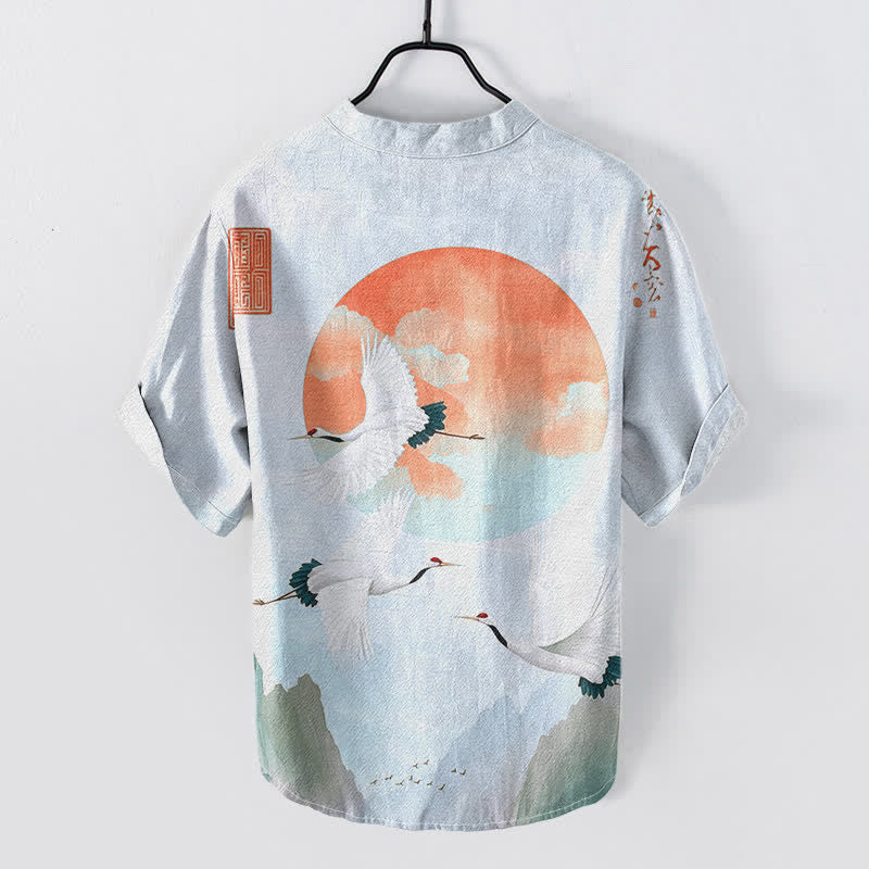 Buddha Stones Chemise homme à manches courtes et demi-boutonnée en coton rouge à motif de grue volante et de soleil - image 4