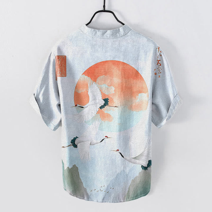 Buddha Stones Chemise homme à manches courtes et demi-boutonnée en coton rouge à motif de grue volante et de soleil - image 4