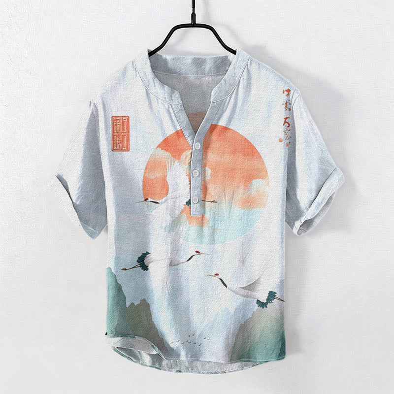 Buddha Stones Chemise homme à manches courtes et demi-boutonnée en coton rouge à motif de grue volante et de soleil - Bleu clair - US/UK/AU50，EU60 (5XL) - image 3