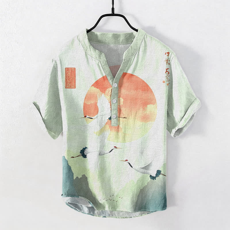 Buddha Stones Chemise homme à manches courtes et demi-boutonnée en coton rouge à motif de grue volante et de soleil - Crème à la menthe - US/UK/AU50，EU60 (5XL) - image 6