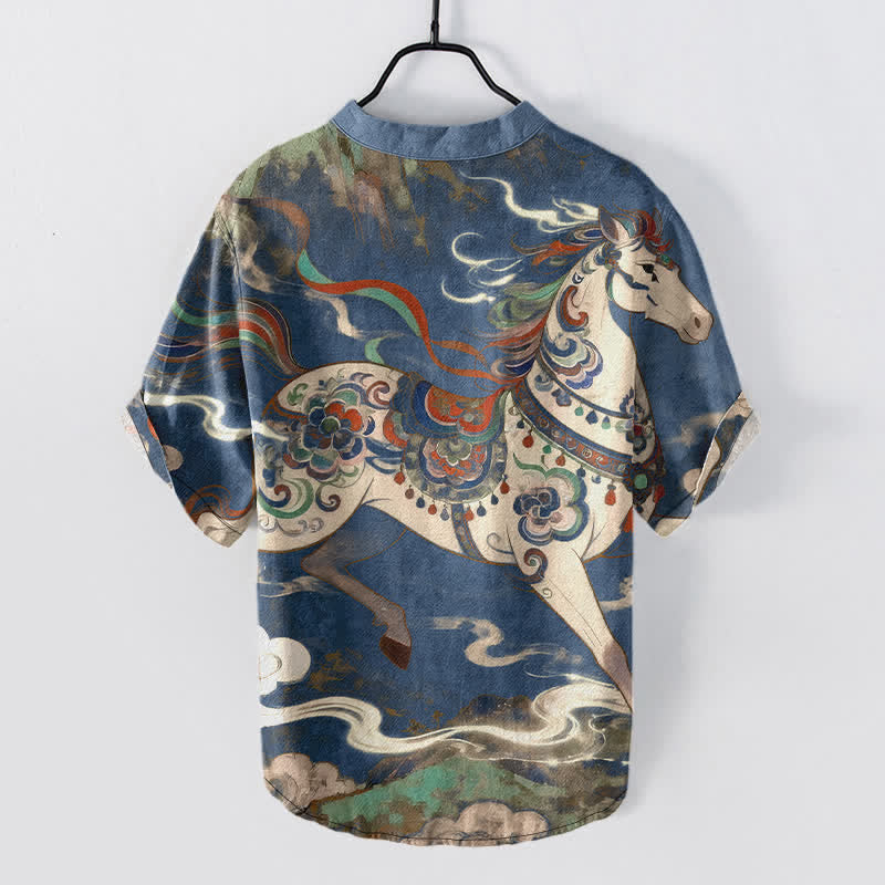 Buddha Stones Chemise à manches courtes et demi-boutonnée pour homme, en coton, à motif de cheval au galop ornemental - image 1