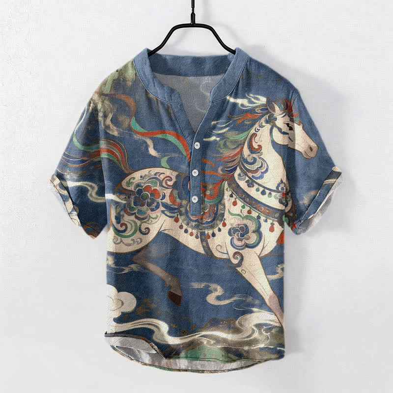 Buddha Stones Chemise à manches courtes et demi-boutonnée pour homme, en coton, à motif de cheval au galop ornemental - SteelBlue - US/UK/AU50，EU60 (5XL) - image 0