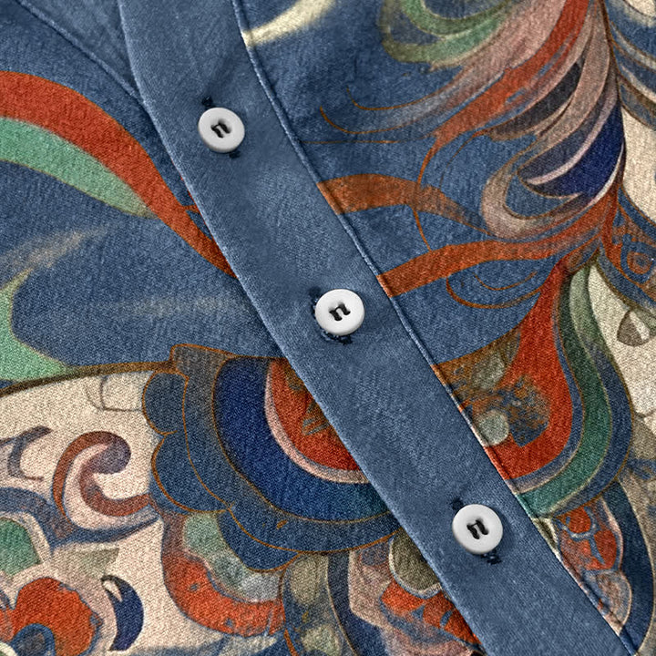 Buddha Stones Chemise à manches courtes et demi-boutonnée pour homme, en coton, à motif de cheval au galop ornemental - image 3