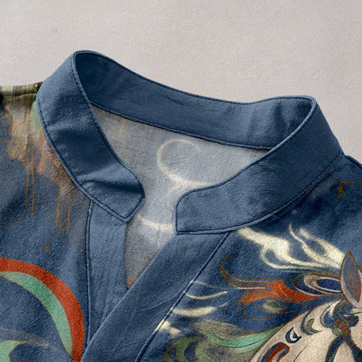 Buddha Stones Chemise à manches courtes et demi-boutonnée pour homme, en coton, à motif de cheval au galop ornemental - image 2
