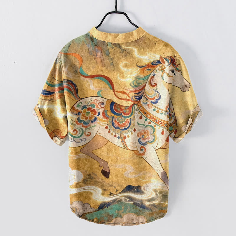 Buddha Stones Chemise à manches courtes et demi-boutonnée pour homme, en coton, à motif de cheval au galop ornemental - image 6