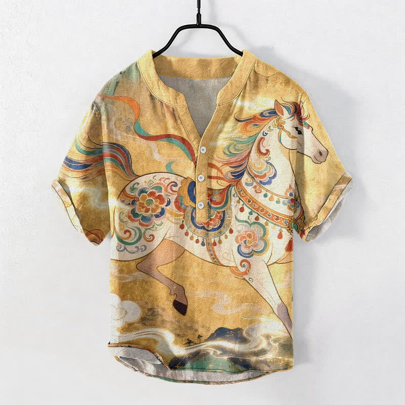 Buddha Stones Chemise à manches courtes et demi-boutonnée pour homme, en coton, à motif de cheval au galop ornemental - Or - US/UK/AU50，EU60 (5XL) - image 5