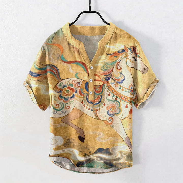 Buddha Stones Chemise à manches courtes et demi-boutonnée pour homme, en coton, à motif de cheval au galop ornemental - Or - US/UK/AU50，EU60 (5XL) - image 5