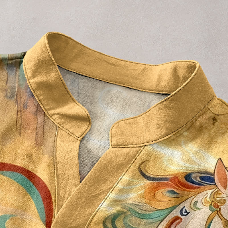 Buddha Stones Chemise à manches courtes et demi-boutonnée pour homme, en coton, à motif de cheval au galop ornemental - image 7