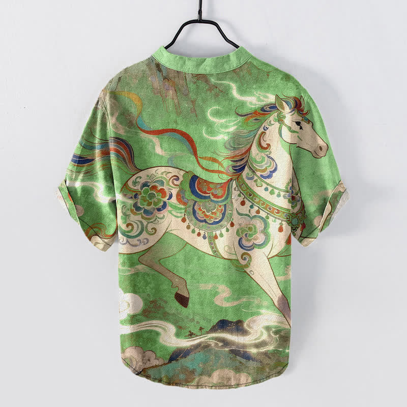 Buddha Stones Chemise à manches courtes et demi-boutonnée pour homme, en coton, à motif de cheval au galop ornemental - image 11