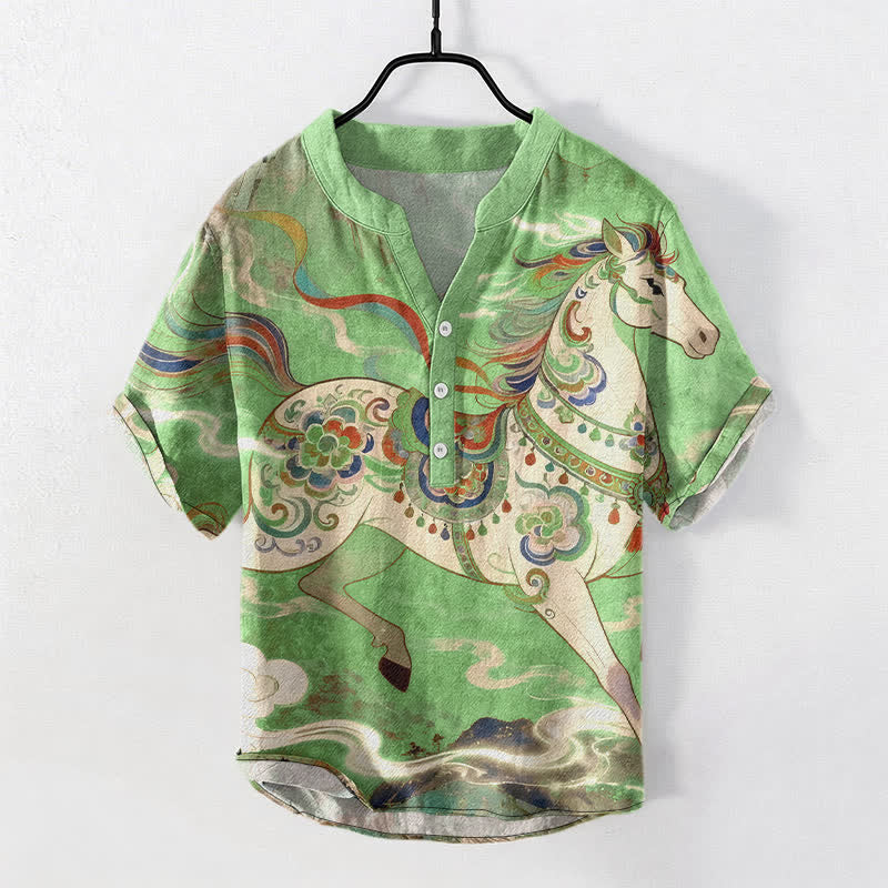 Buddha Stones Chemise à manches courtes et demi-boutonnée pour homme, en coton, à motif de cheval au galop ornemental - Vert clair - US/UK/AU50，EU60 (5XL) - image 10