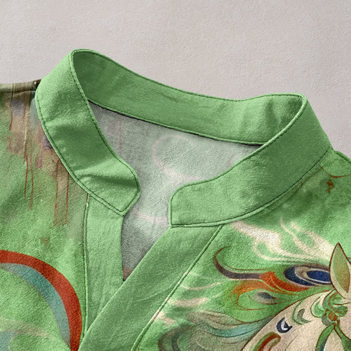 Buddha Stones Chemise à manches courtes et demi-boutonnée pour homme, en coton, à motif de cheval au galop ornemental - image 12