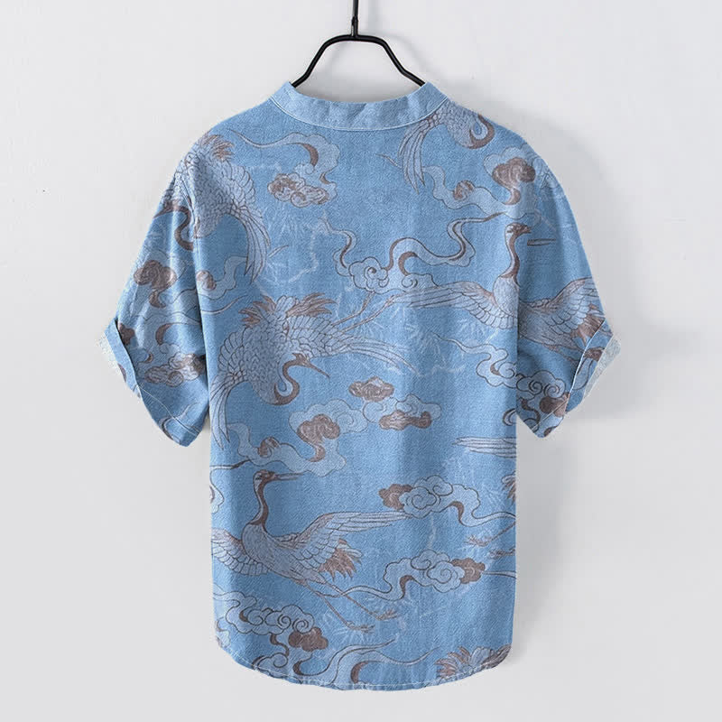 Buddha Stones Chemise homme à manches courtes et demi-boutonnée, motif grues et nuages ​​en coton - image 1