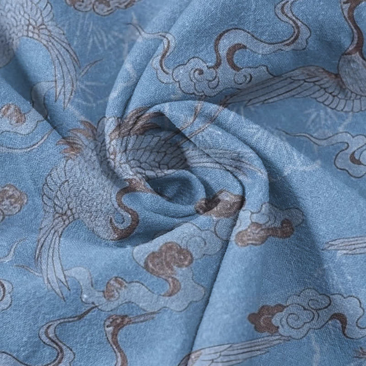 Buddha Stones Chemise homme à manches courtes et demi-boutonnée, motif grues et nuages ​​en coton - image 2