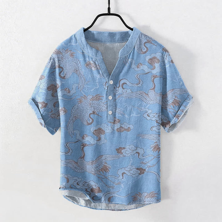 Buddha Stones Chemise homme à manches courtes et demi-boutonnée, motif grues et nuages ​​en coton - Bleu clair - US/UK/AU50，EU60 (5XL) - image 0