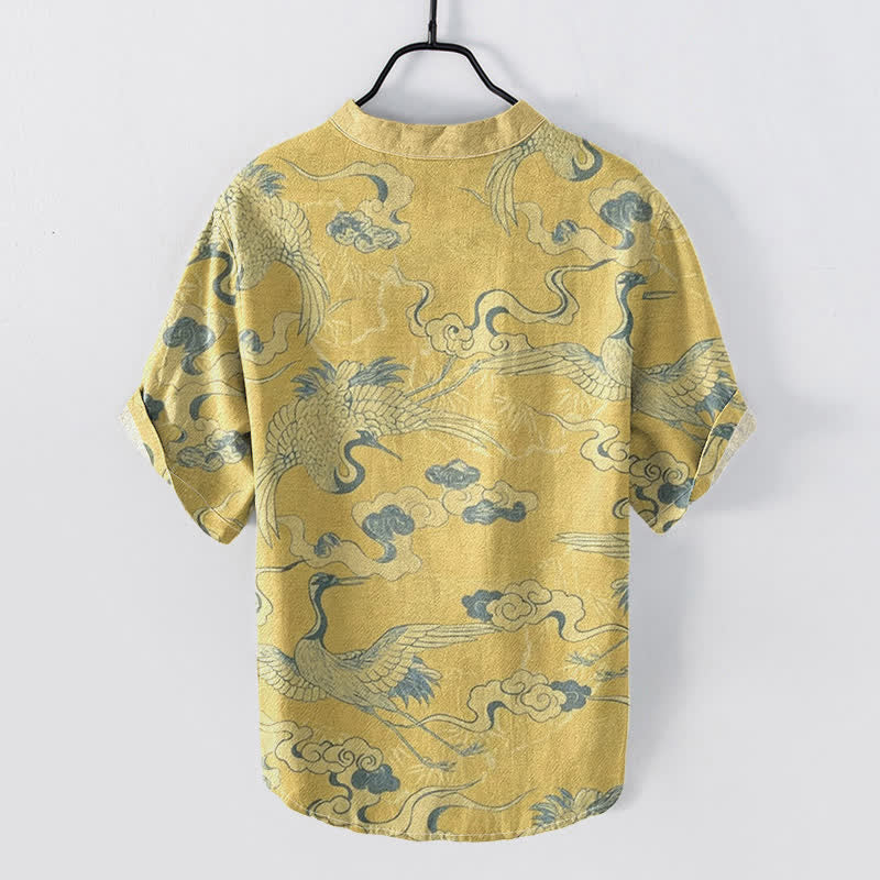 Buddha Stones Chemise homme à manches courtes et demi-boutonnée, motif grues et nuages ​​en coton - image 4