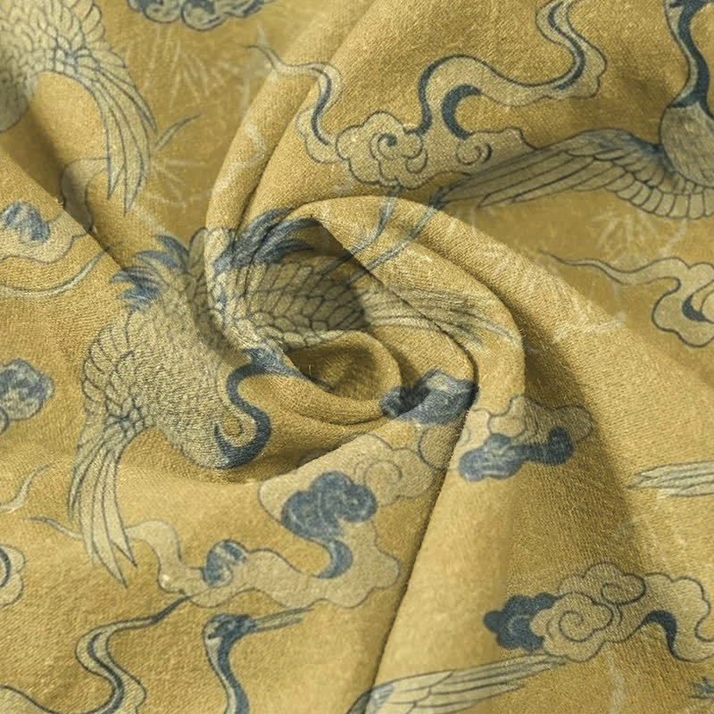Buddha Stones Chemise homme à manches courtes et demi-boutonnée, motif grues et nuages ​​en coton - image 5