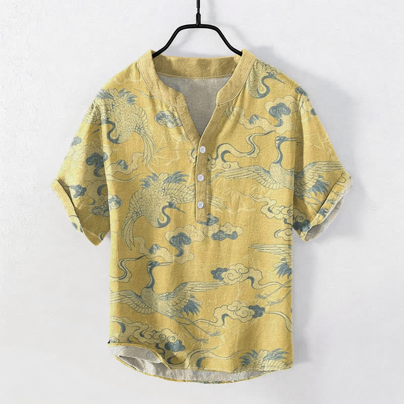 Buddha Stones Chemise homme à manches courtes et demi-boutonnée, motif grues et nuages ​​en coton - Kaki - US/UK/AU50，EU60 (5XL) - image 3