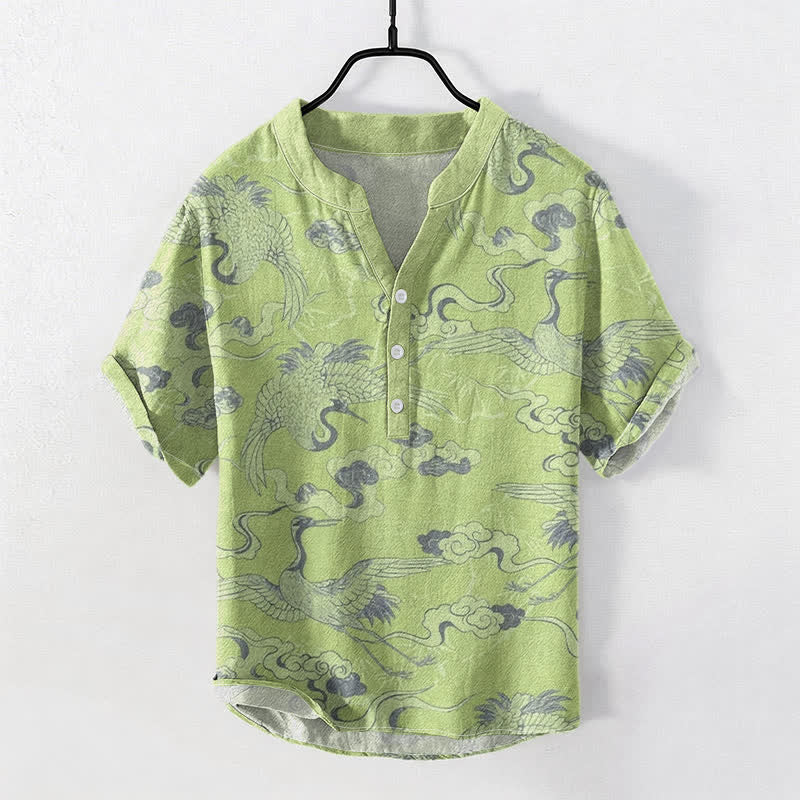 Buddha Stones Chemise homme à manches courtes et demi-boutonnée, motif grues et nuages ​​en coton - Vert clair - US/UK/AU50，EU60 (5XL) - image 6