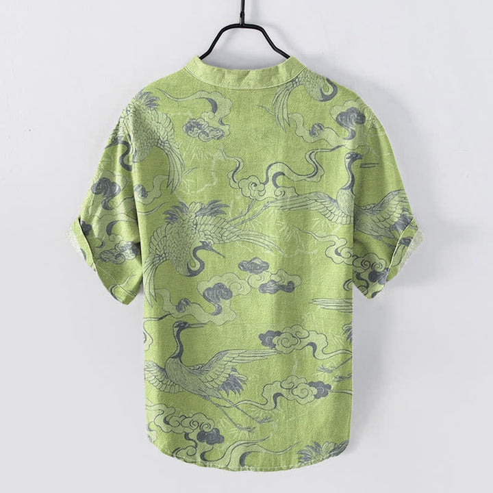 Buddha Stones Chemise homme à manches courtes et demi-boutonnée, motif grues et nuages ​​en coton - image 7