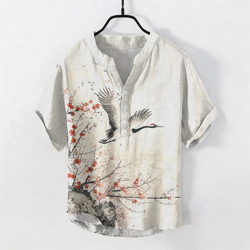 Buddha Stones Chemise homme à manches courtes et demi-boutonnée en coton à motif de grues et de fleurs de prunier - Lin - US/UK/AU50，EU60 (5XL) - image 0