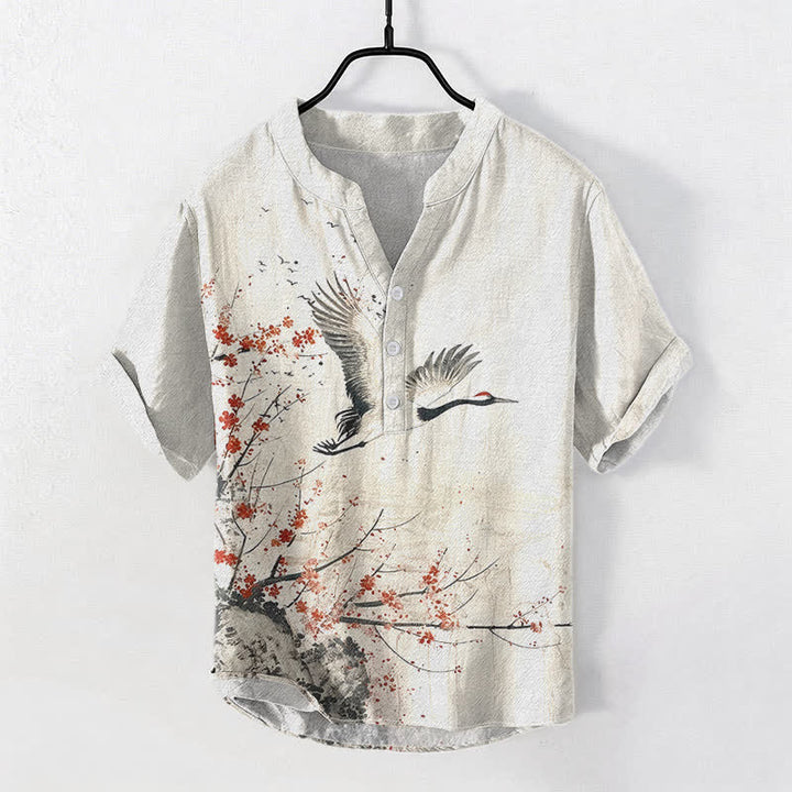 Buddha Stones Chemise homme à manches courtes et demi-boutonnée en coton à motif de grues et de fleurs de prunier - Lin - US/UK/AU50，EU60 (5XL) - image 0