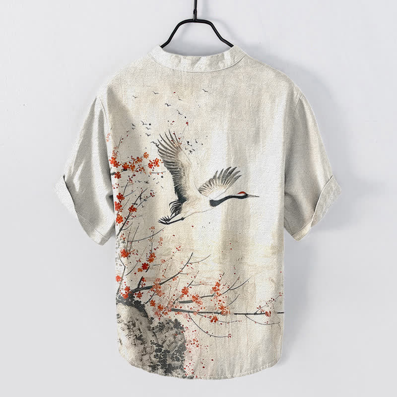 Buddha Stones Chemise homme à manches courtes et demi-boutonnée en coton à motif de grues et de fleurs de prunier - image 1