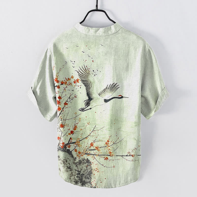 Buddha Stones Chemise homme à manches courtes et demi-boutonnée en coton à motif de grues et de fleurs de prunier - image 4