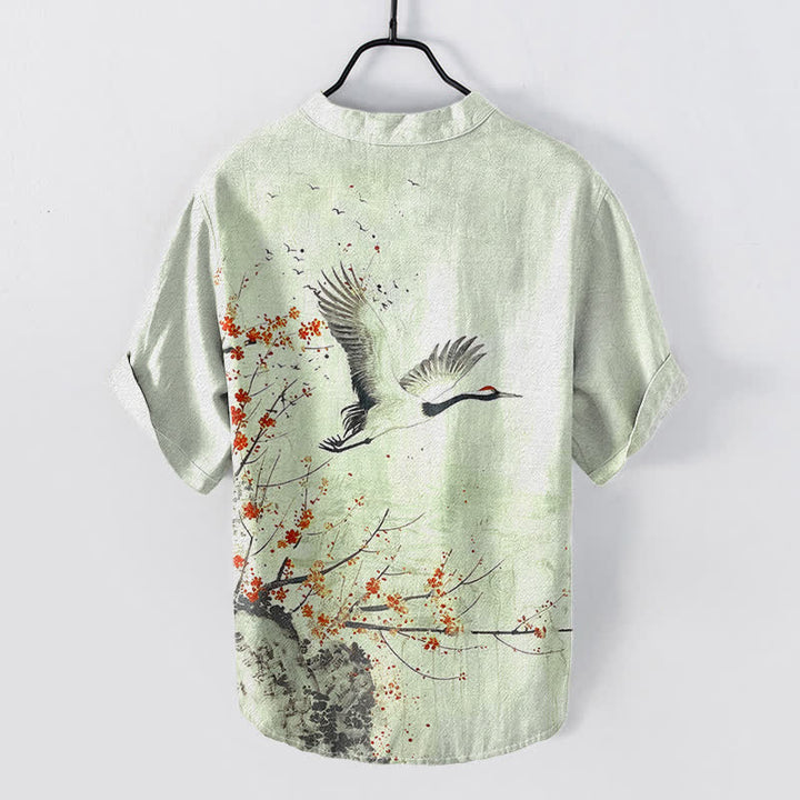 Buddha Stones Chemise homme à manches courtes et demi-boutonnée en coton à motif de grues et de fleurs de prunier - image 4