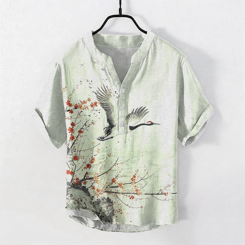 Buddha Stones Chemise homme à manches courtes et demi-boutonnée en coton à motif de grues et de fleurs de prunier - Crème à la menthe - US/UK/AU50，EU60 (5XL) - image 3