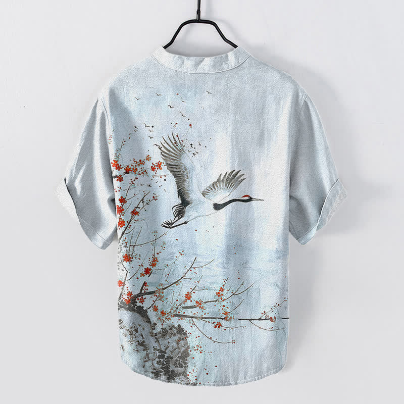 Buddha Stones Chemise homme à manches courtes et demi-boutonnée en coton à motif de grues et de fleurs de prunier - image 7