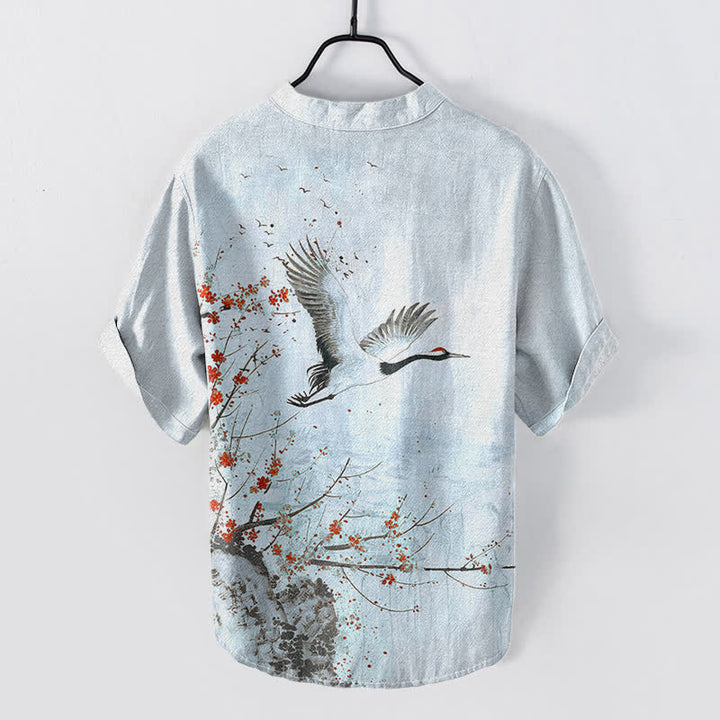 Buddha Stones Chemise homme à manches courtes et demi-boutonnée en coton à motif de grues et de fleurs de prunier - image 7