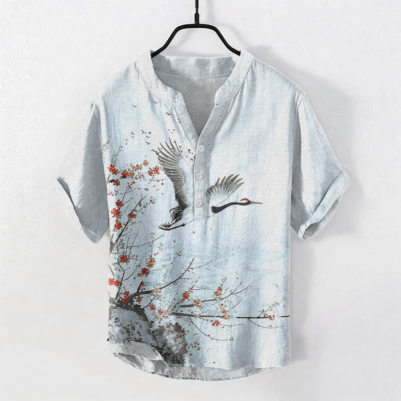 Buddha Stones Chemise homme à manches courtes et demi-boutonnée en coton à motif de grues et de fleurs de prunier - Bleu clair - US/UK/AU50，EU60 (5XL) - image 6