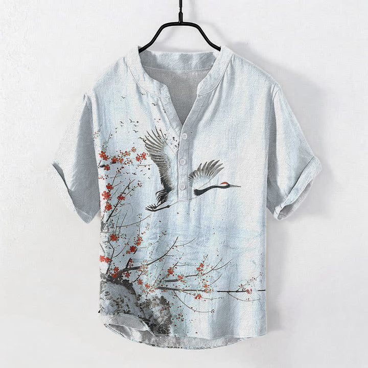 Buddha Stones Chemise homme à manches courtes et demi-boutonnée en coton à motif de grues et de fleurs de prunier - Bleu clair - US/UK/AU50，EU60 (5XL) - image 6