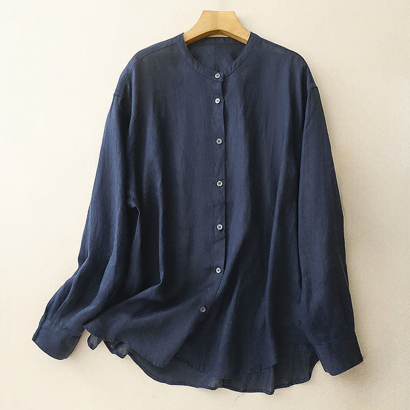 Buddha Stones Chemises d'été minimalistes à col mandarin pour femmes, manches longues, unies, style Tang - Bleu nuit - US8-10, UK/AU12-14, EU40-42 (2XL) - image 0