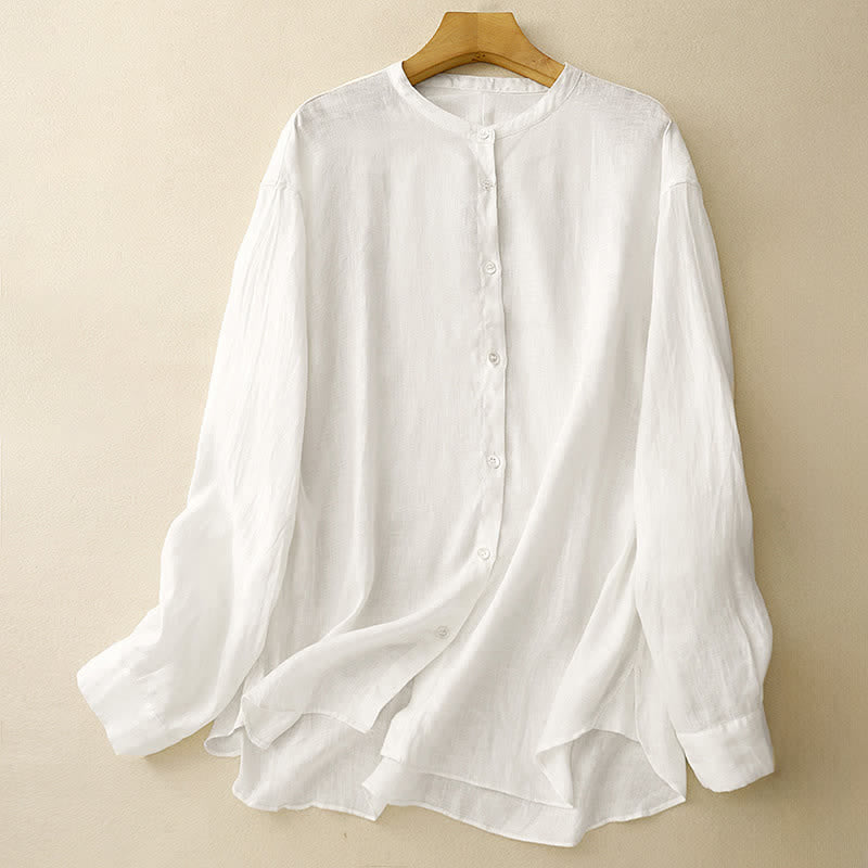 Buddha Stones Chemises d'été minimalistes à col mandarin pour femmes, manches longues, unies, style Tang - Blanc - US8-10, UK/AU12-14, EU40-42 (2XL) - image 8